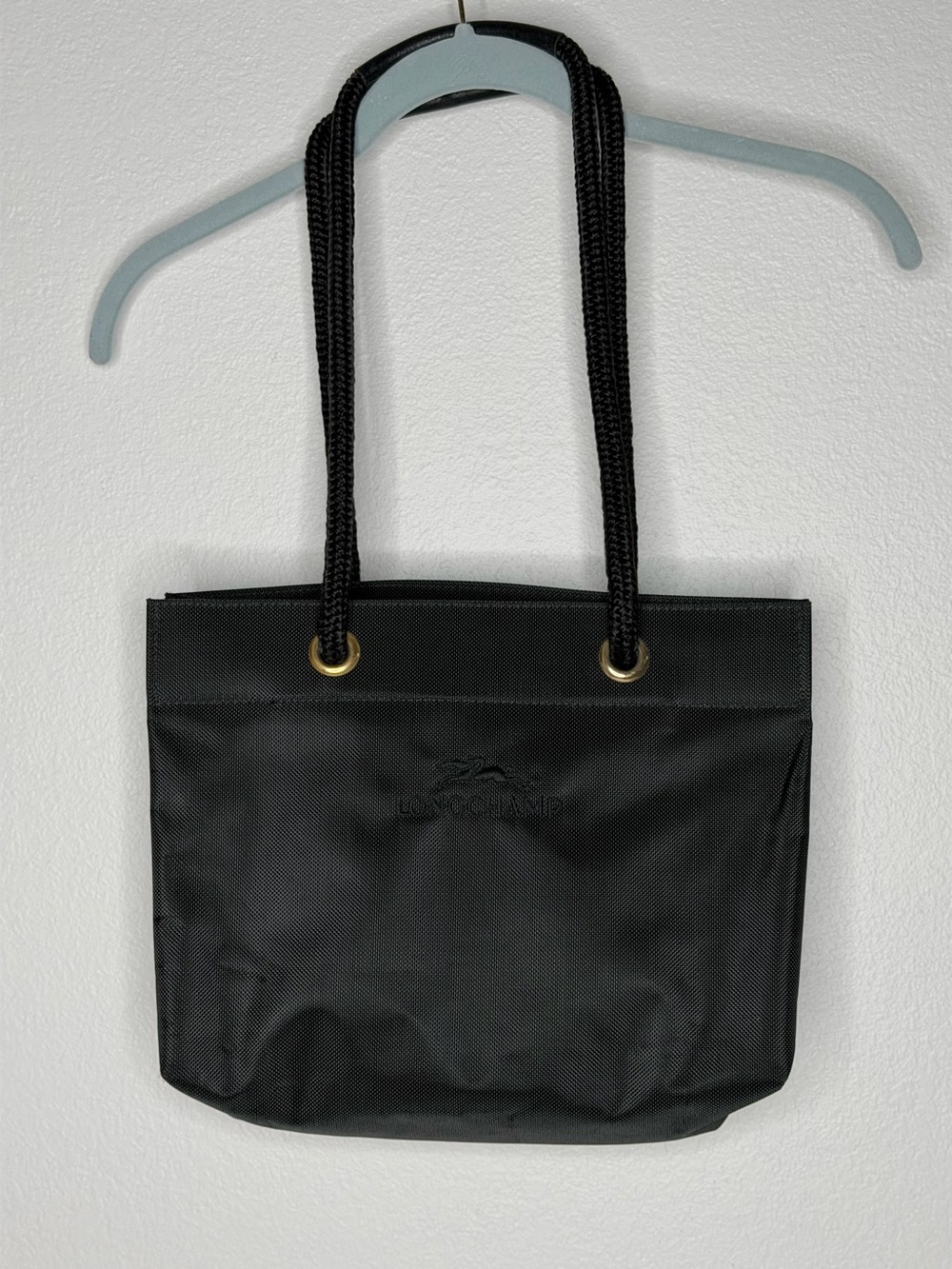 Longchamp Vintage Black Nylon Tote with Rope Handles and Gold Eyelets - rare